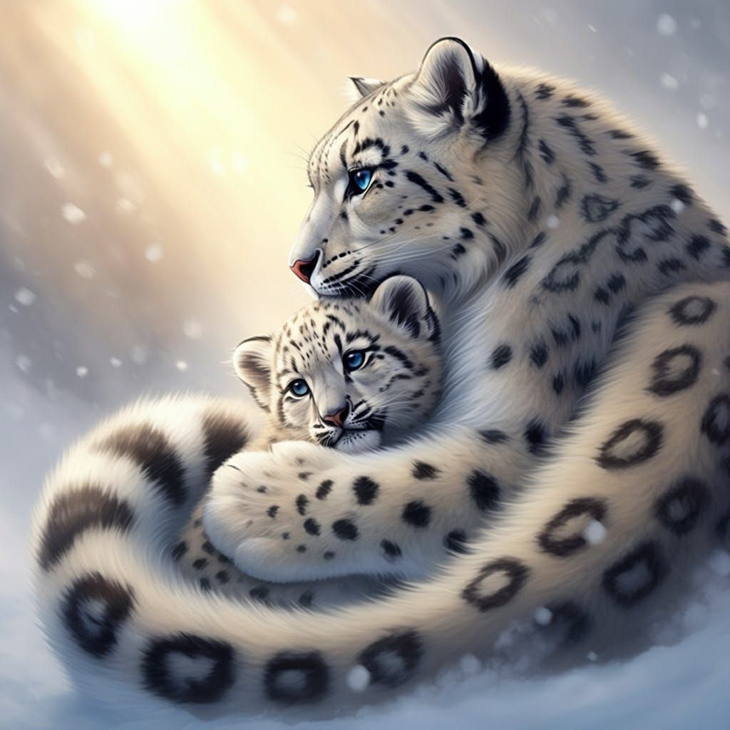 Snow Leopard Protecting Cub in Snowstorm