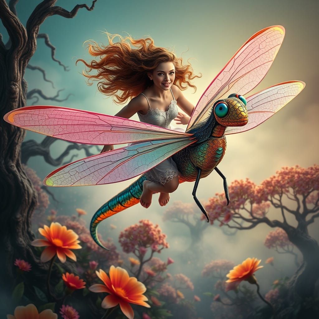 Enchanted Lady Soars on Glowing Dragonfly