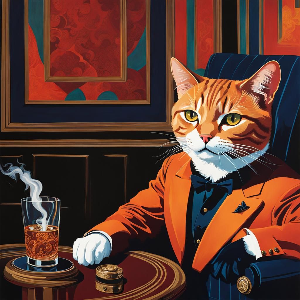 A cat smoking a Cigar in a only man's club