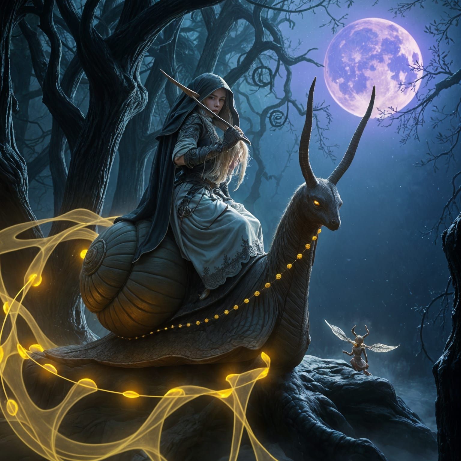 Tiny Elf Rides Majestic Snail Steed in Dark Fantasy Realm