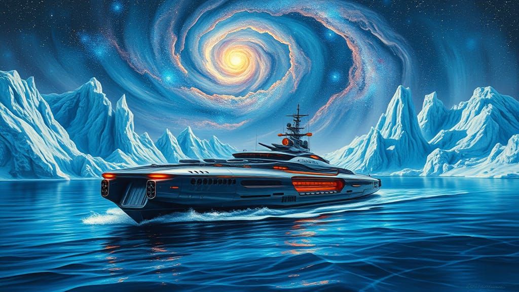 Retro-Futuristic Battleship in a Cosmic Seascape