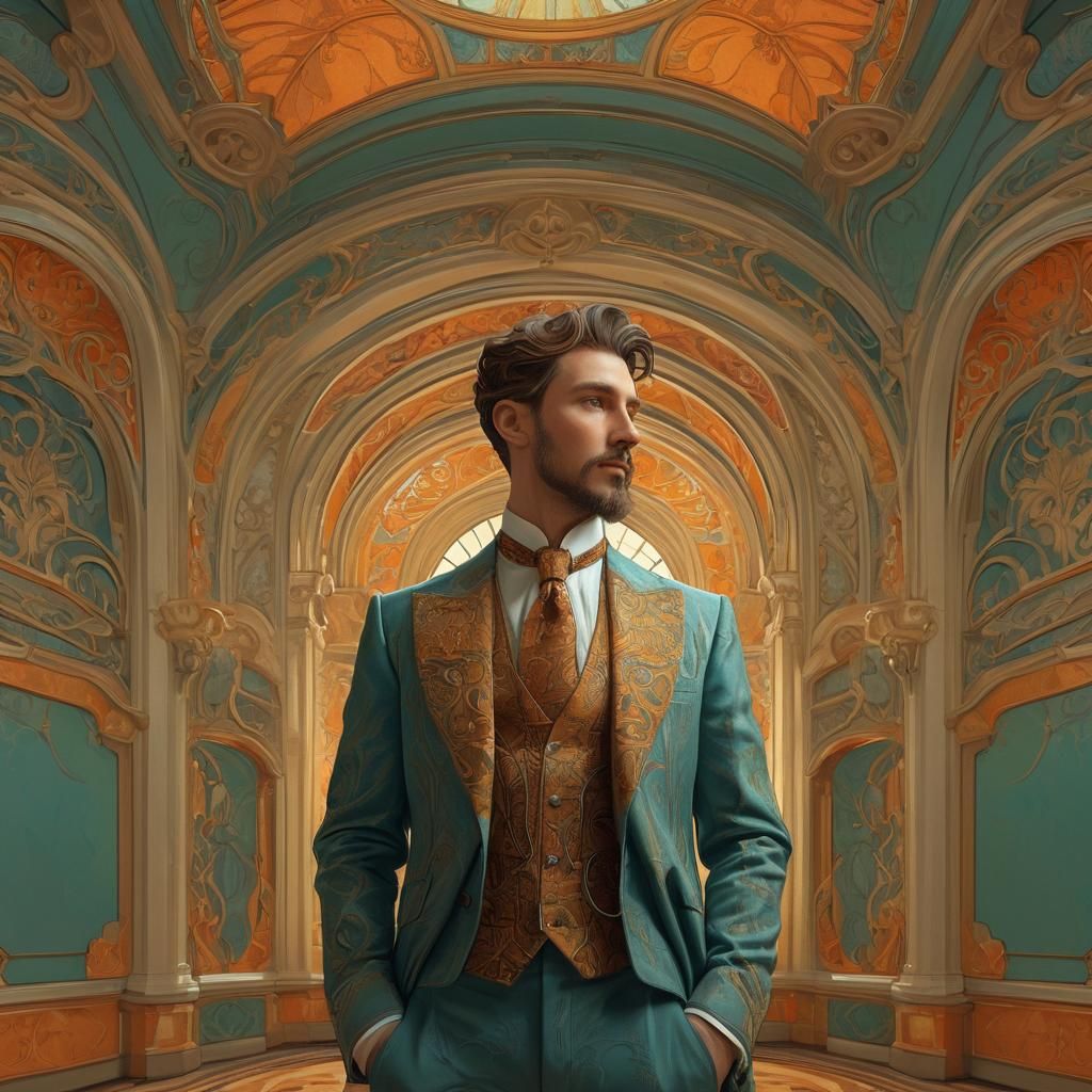 Art Nouveau Portrait of a Handsome Man in Ornate Room