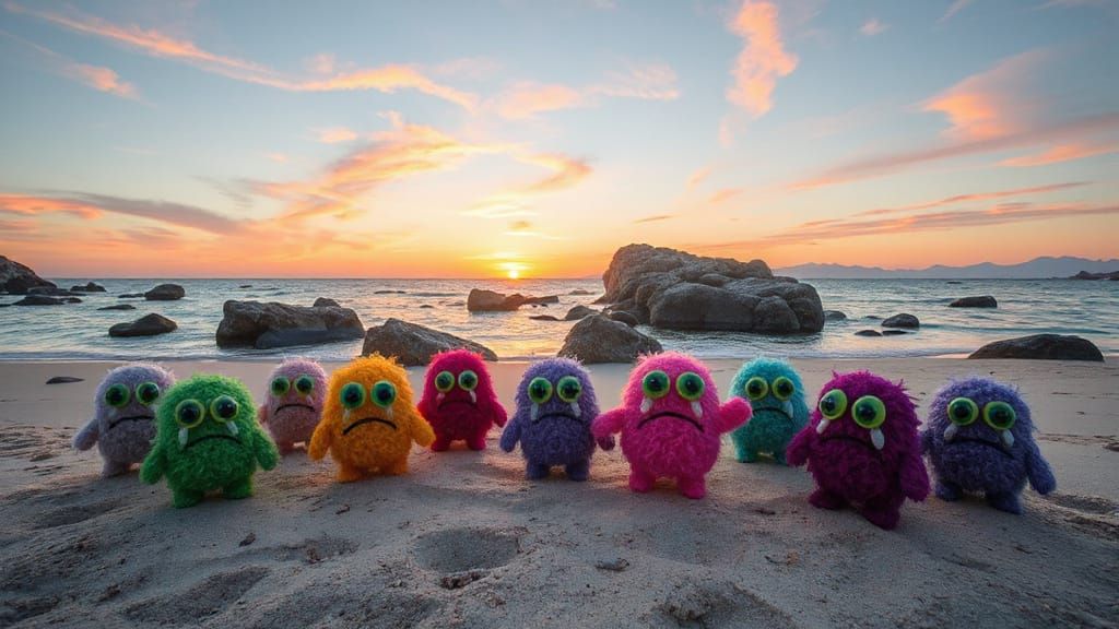 Whimsical Pom-Pom Beach Monsters in a Melancholy Sunset