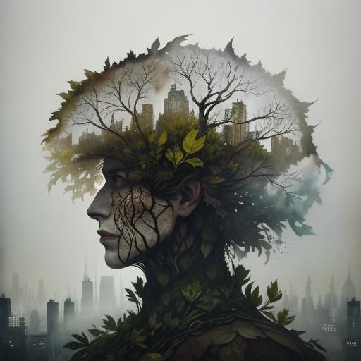 Root Creature in Dystopian Cityscape: Double Exposure Photog...