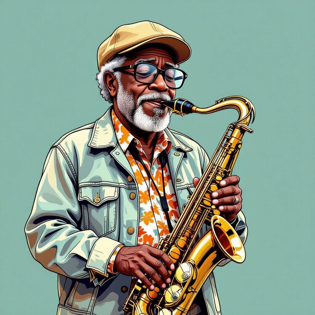 Elderly Black Man Plays Gold Saxophone in Whimsical Cartoon ...