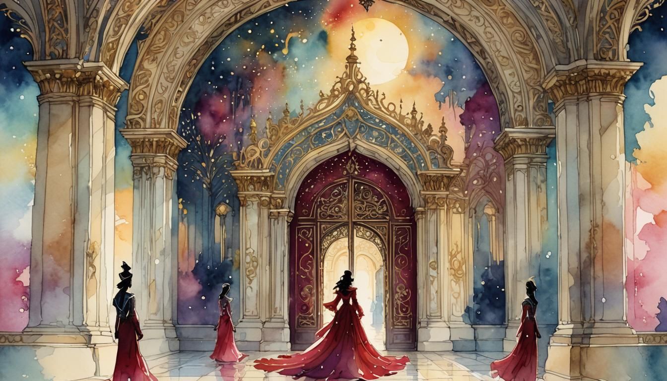 Glowing Palace Door with Echoes: Digital Watercolor Art
