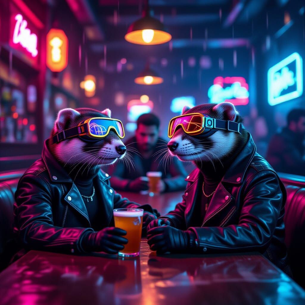 Cyberpunk Ferrets Socializing in Neon Bar