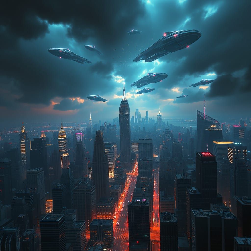 Epic Alien Invasion Over New York City in Cyberpunk Futurism