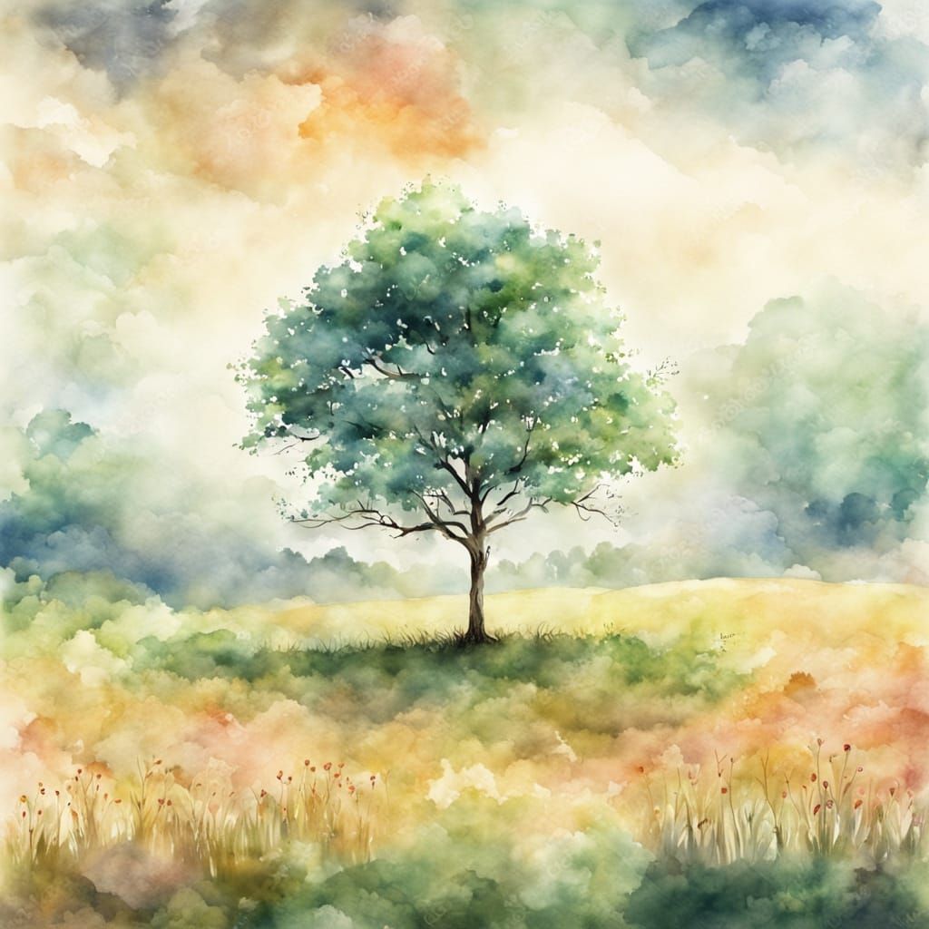 Lonely Tree in Field, Dreamy Watercolor Style