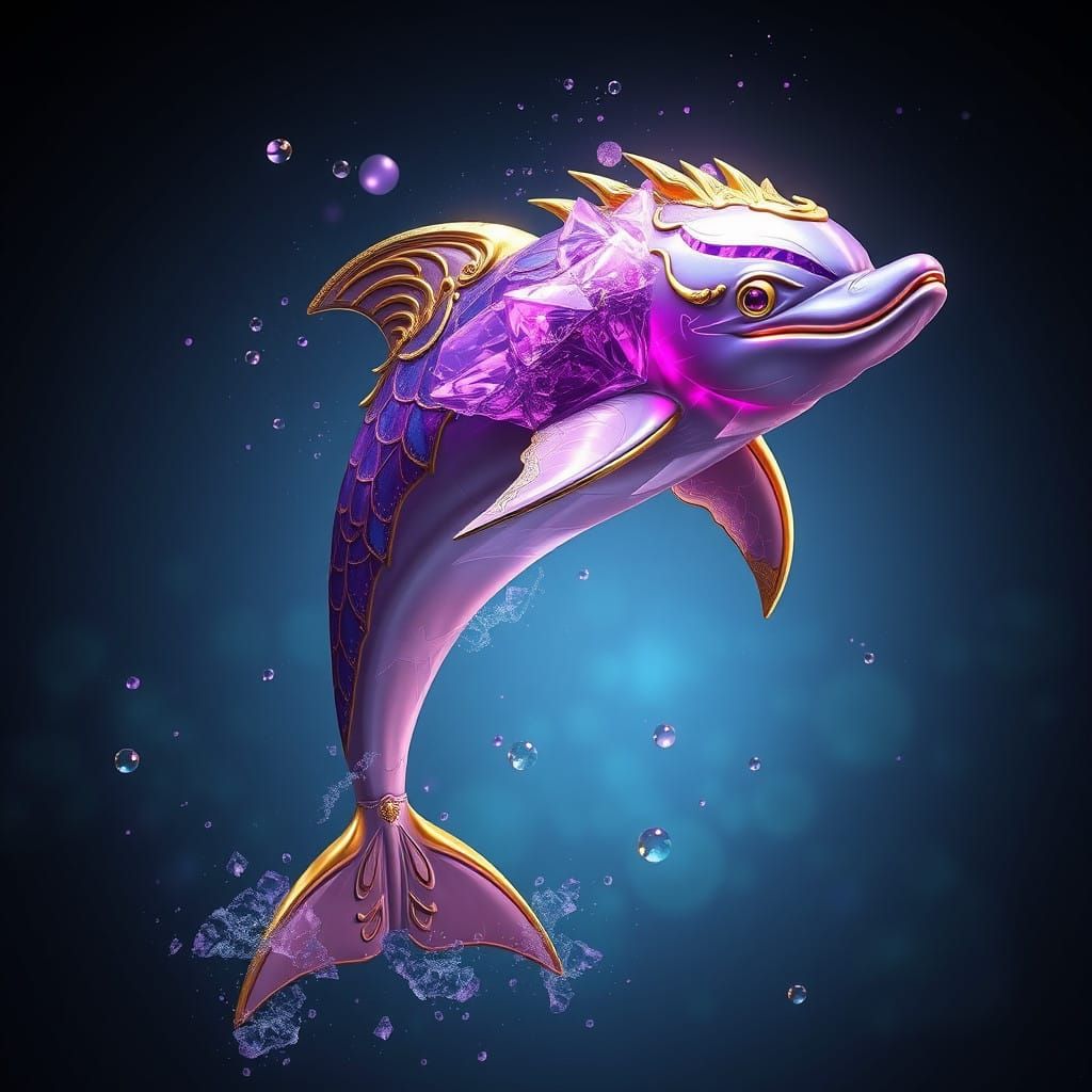 Regal Amethyst and Golden Dolphin in Fantastical Depths