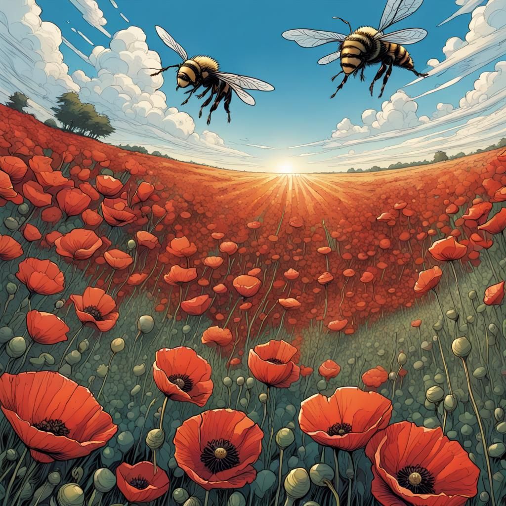 Poppy Field Comic Book Art with Flying Bee