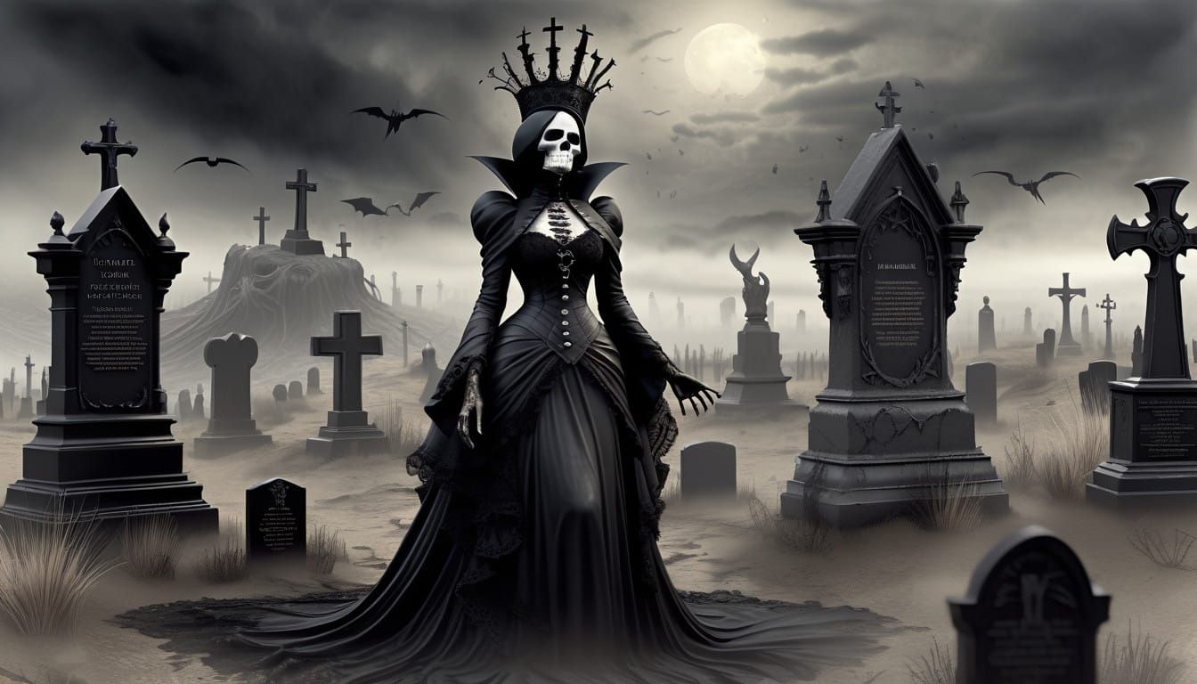 Regal Black Queen in Victorian Mourning Attire Chants Funera...