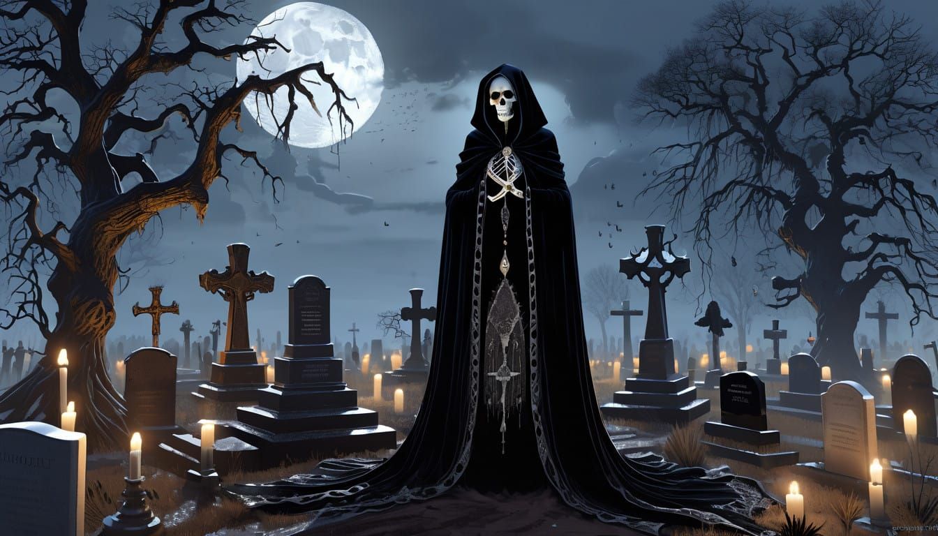 Surreal Ebony Queen Mourns in a Moonlit Cemetery, in Hyper-R...