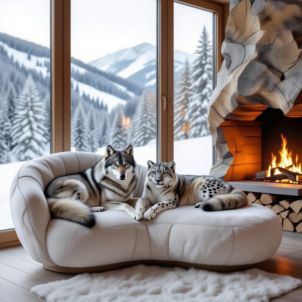Wolf and Snow Leopard on Couch with Winter View
