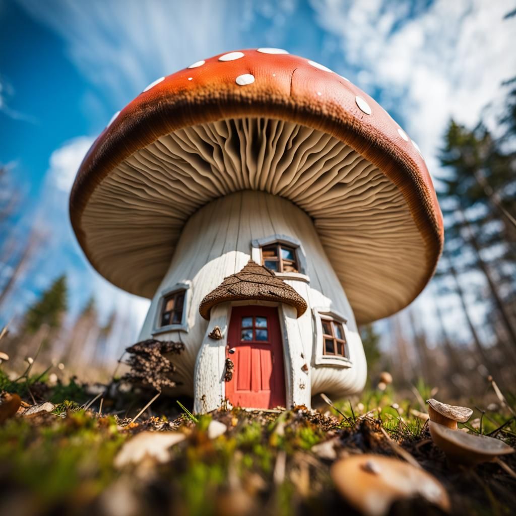 Whimsical Mushroom House from a Bug's Eye View