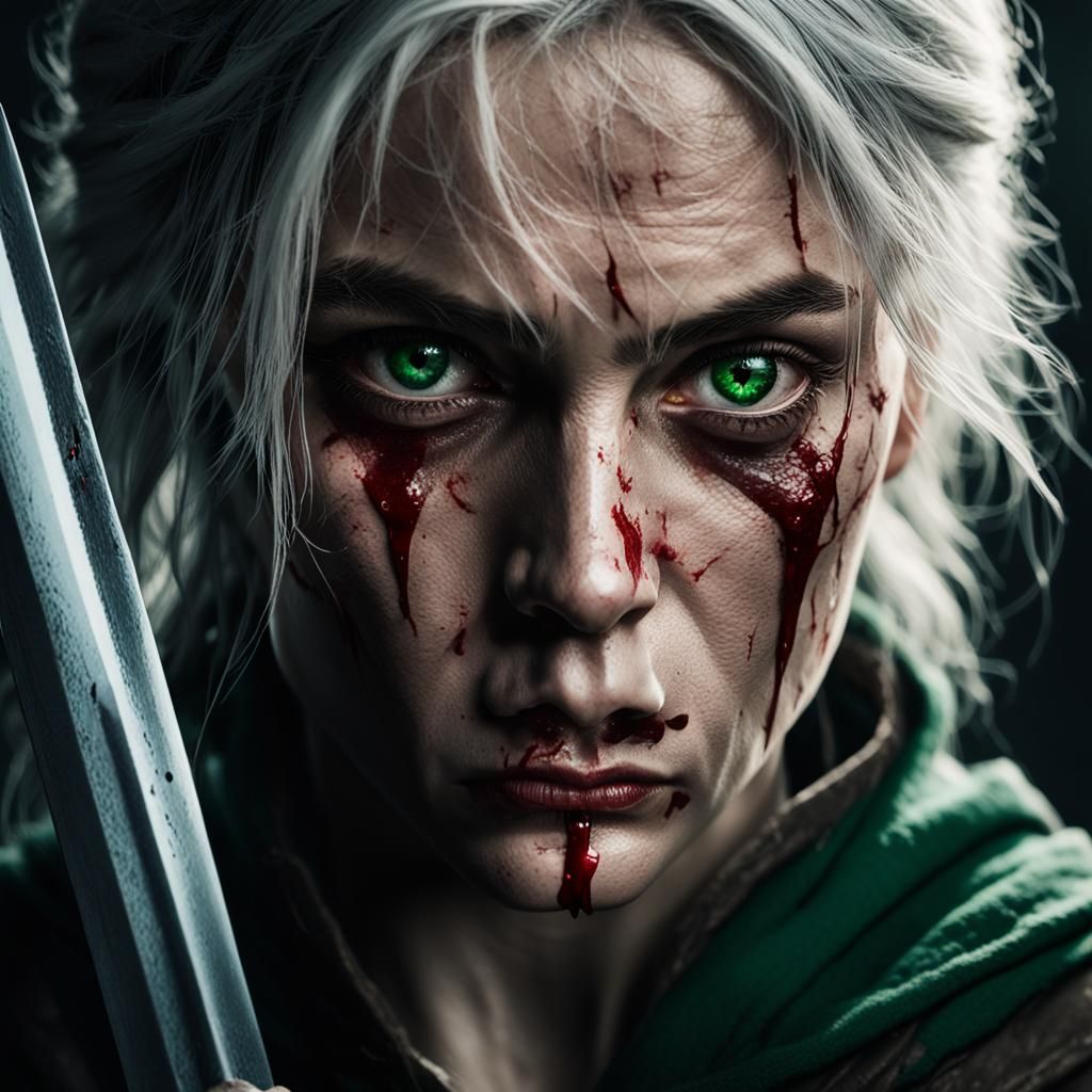 Cinematic Portrait of Cirilla with Sword and Blood
