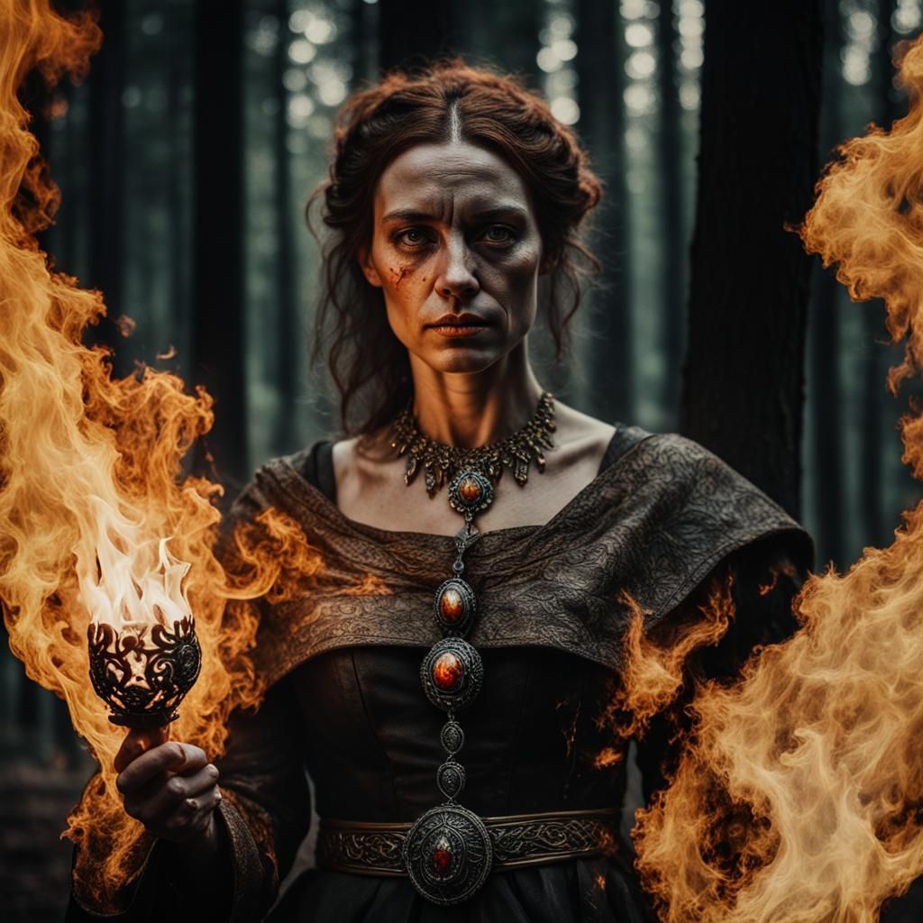 Celtic Woman Evaporates into Flame in Rembrandt Style