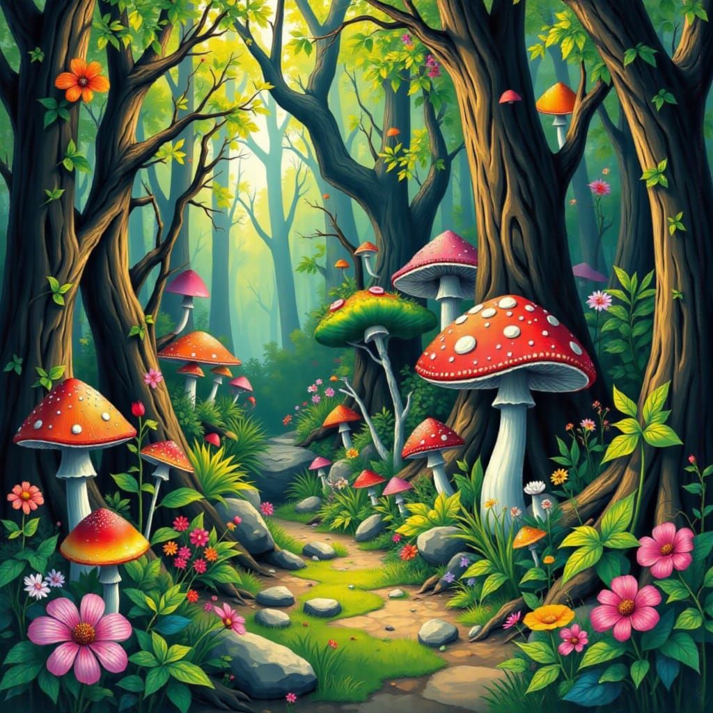 Whimsical Forest of Vibrant Flora in Digital Art