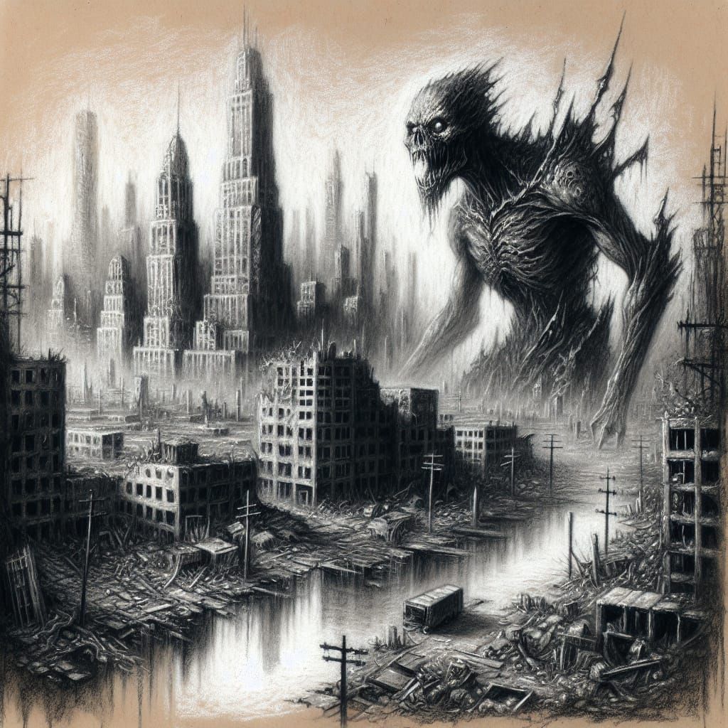 Eerie Post-Apocalyptic City with Lurking Monster