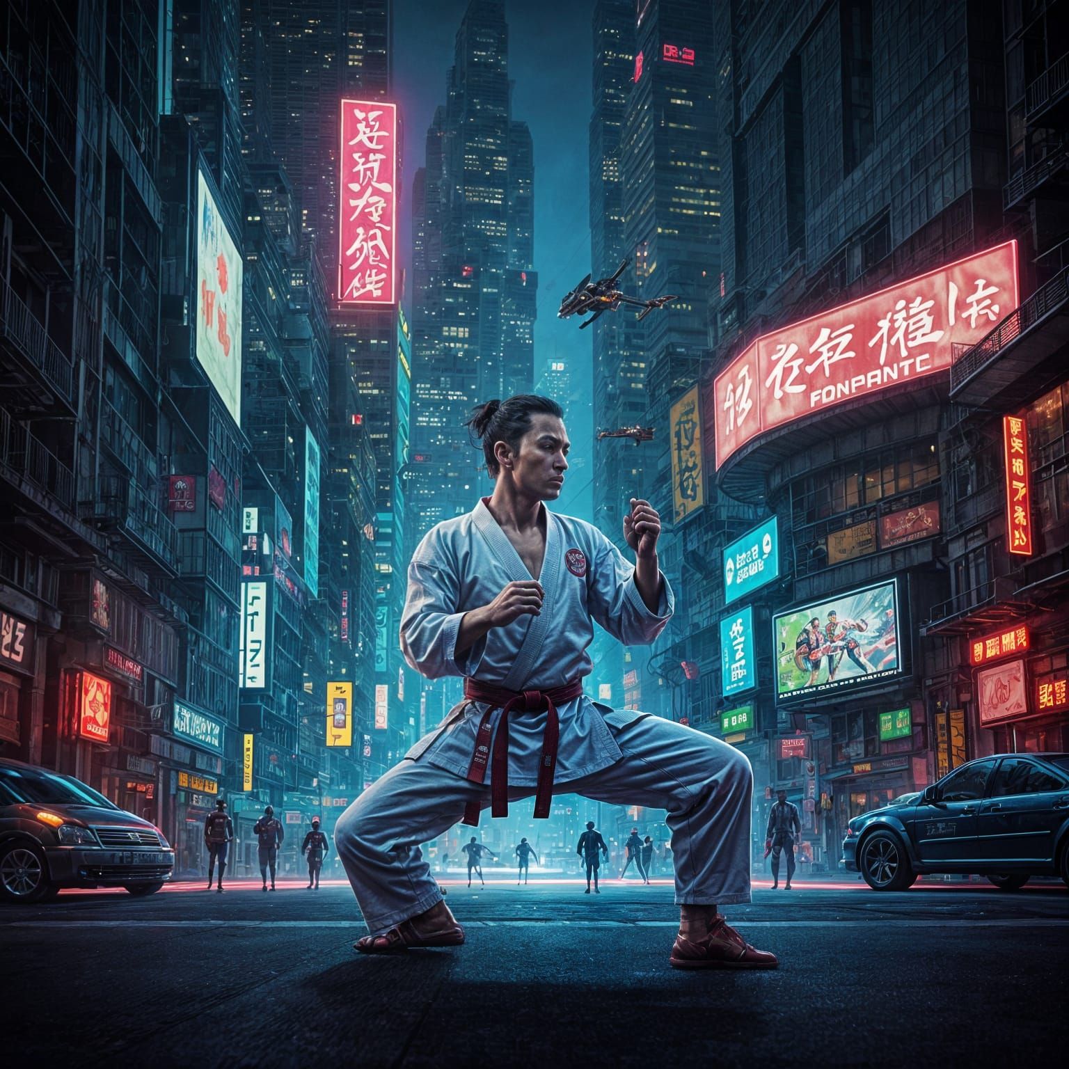 Cyberpunk Karate Master in Neon Cityscape
