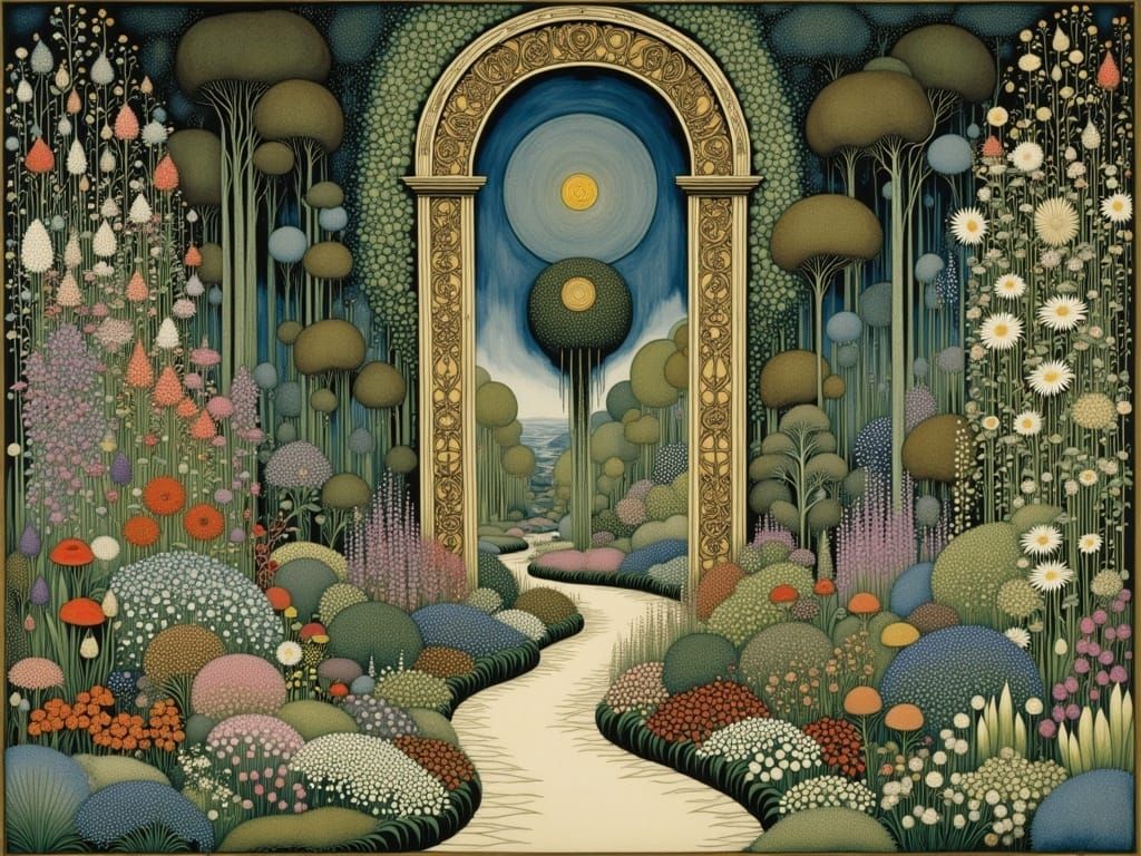 Blooming Garden Through Gate, in Organic Art Nouveau Style
