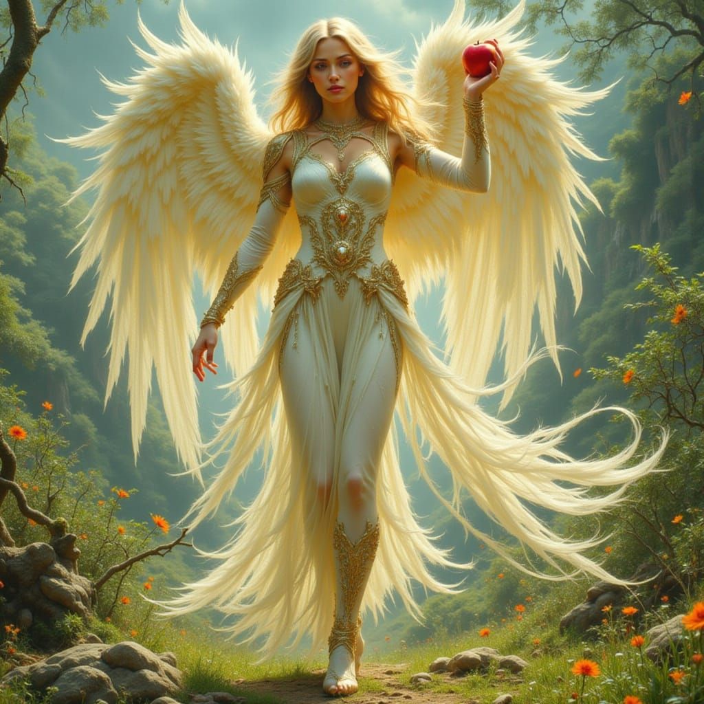 Heavenly Angel with Red Apple in Art Nouveau Style