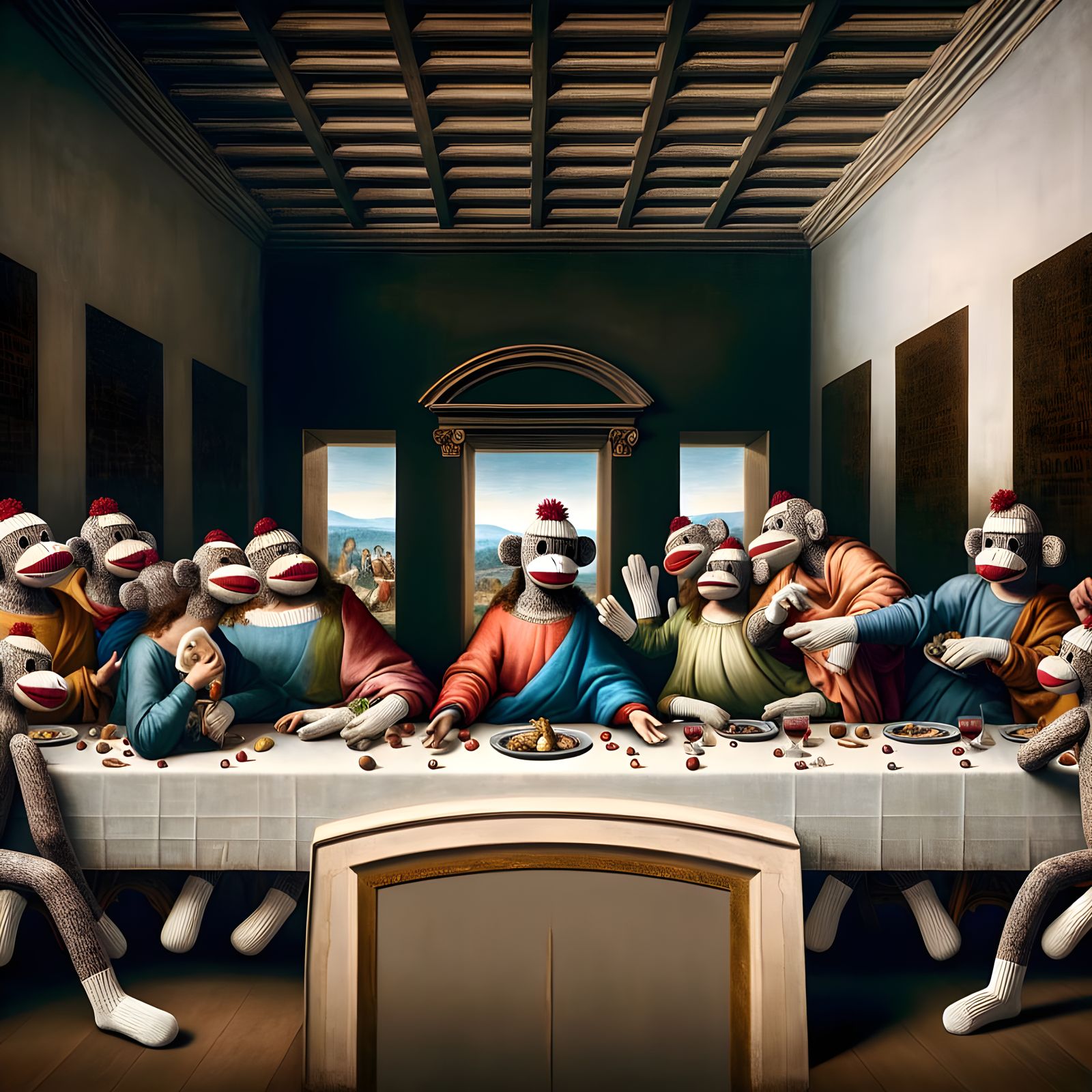 Sock Monkeys at the Last Supper.
