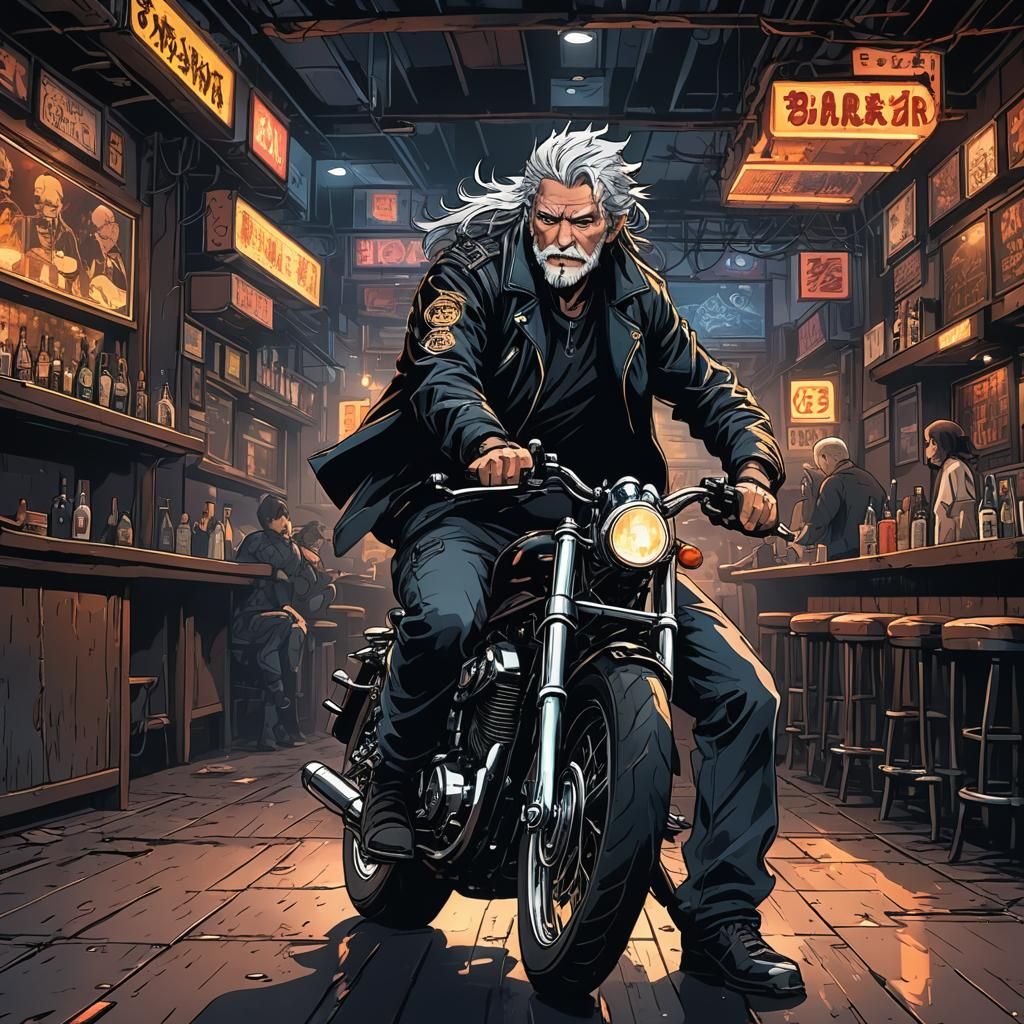 Biker in Dimly Lit Bar, Manga Anime Fusion