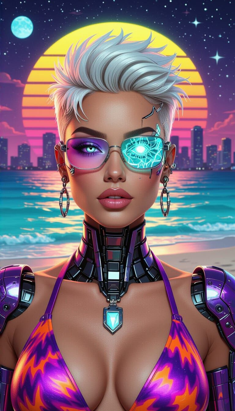 Cyborg Goddess Running on Miami Beach in Vaporwave Style