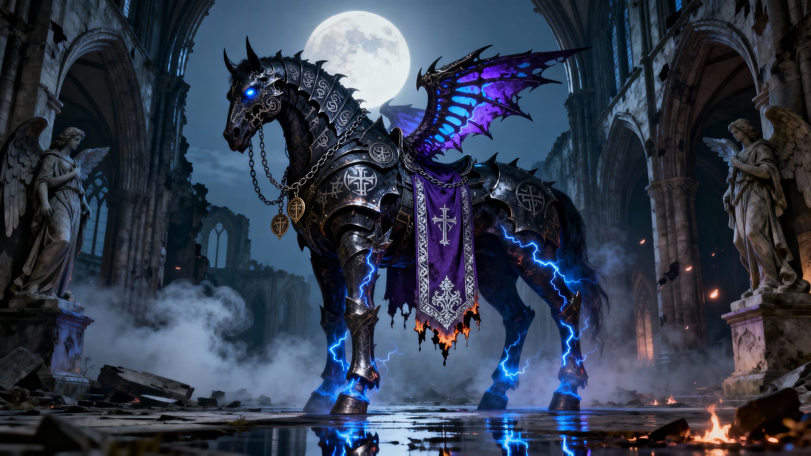 Demonic Warhorse in Gothic Cathedral Ruins