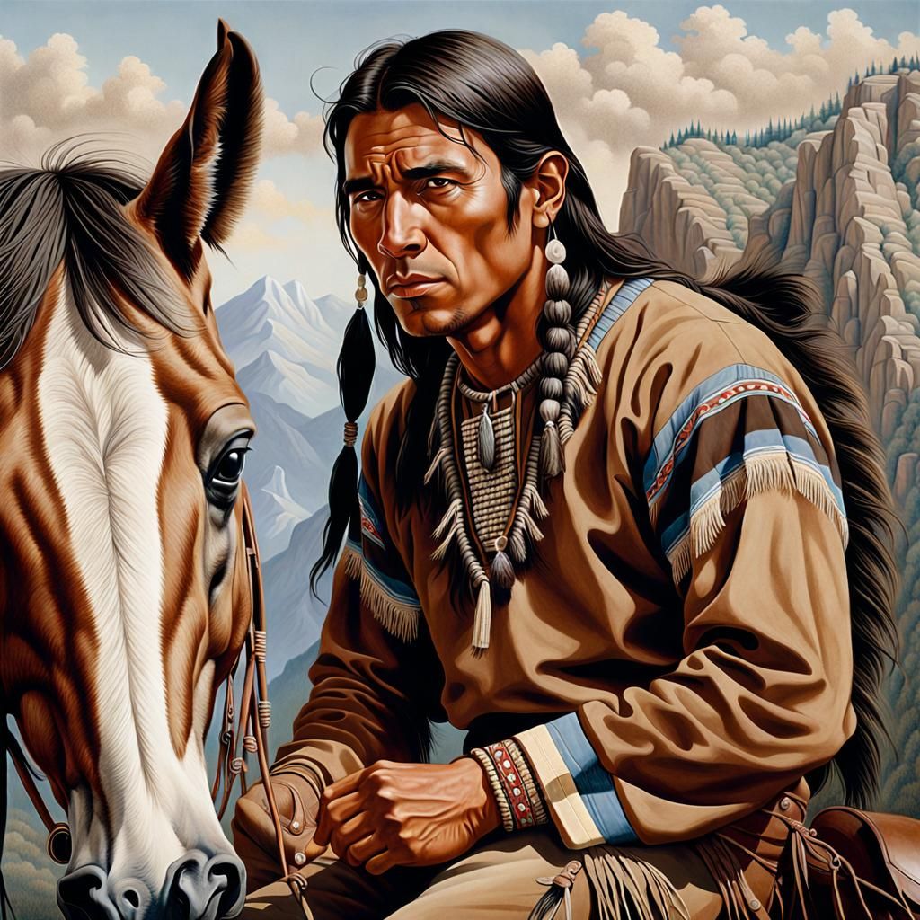 Native American Man on Horseback: Photorealistic Oil Paintin...