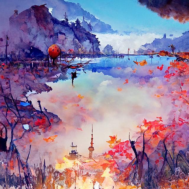 Autumnal Lakeside Landscape Watercolour Fantasy
