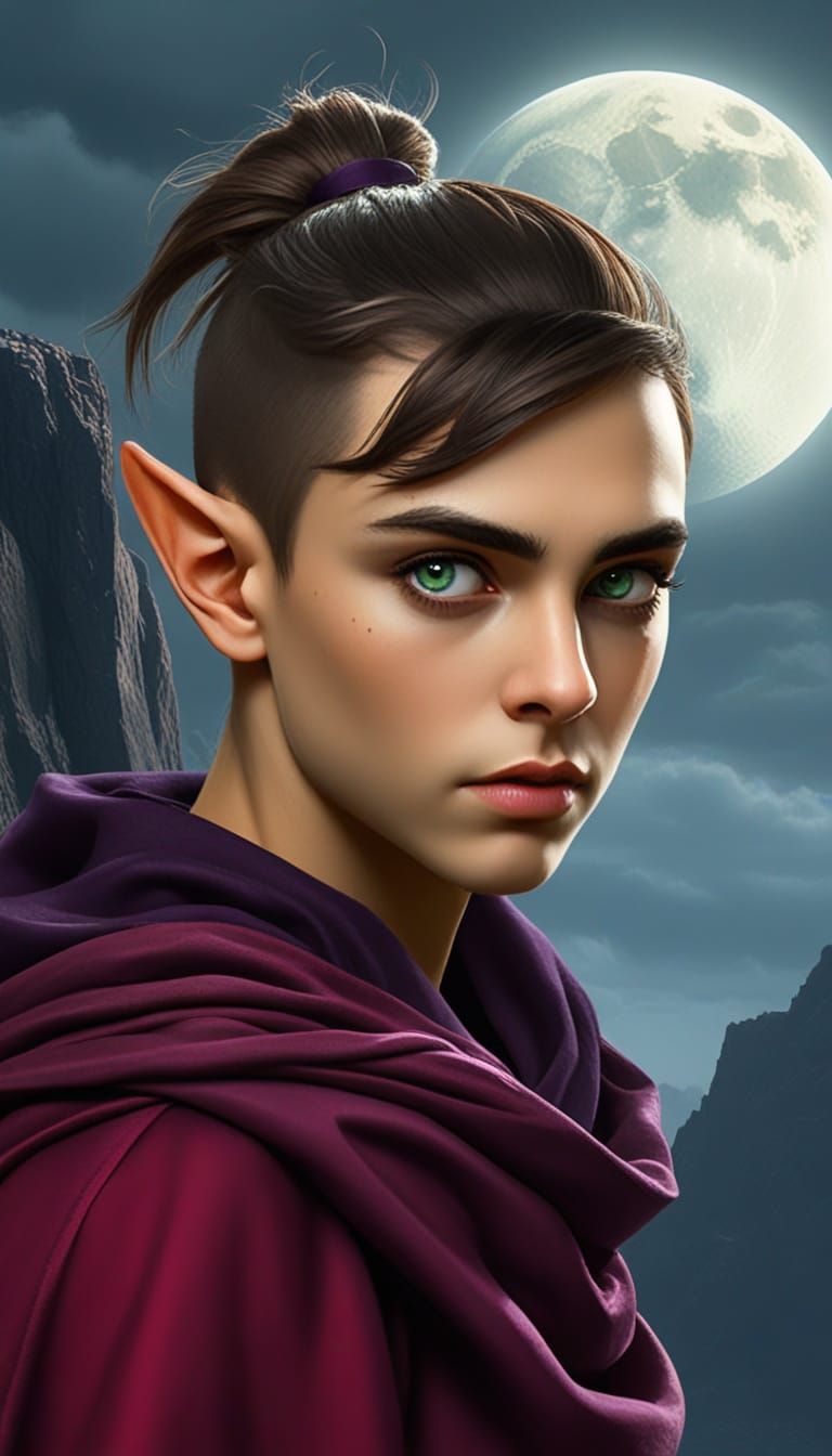 Romantic Elf on Cliff Under Fractured Moon