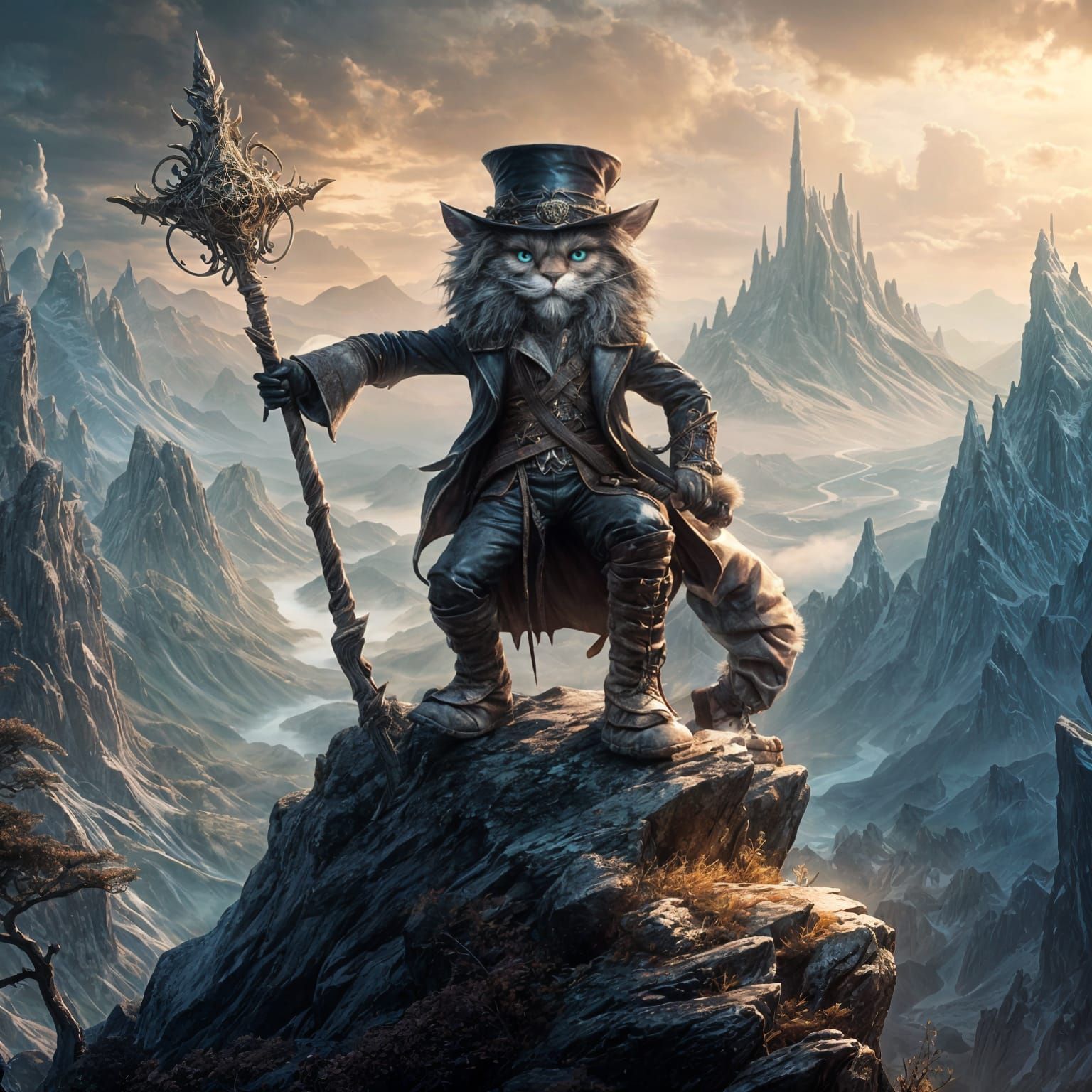 Gothic Wizard on Mountain Peak with Staff