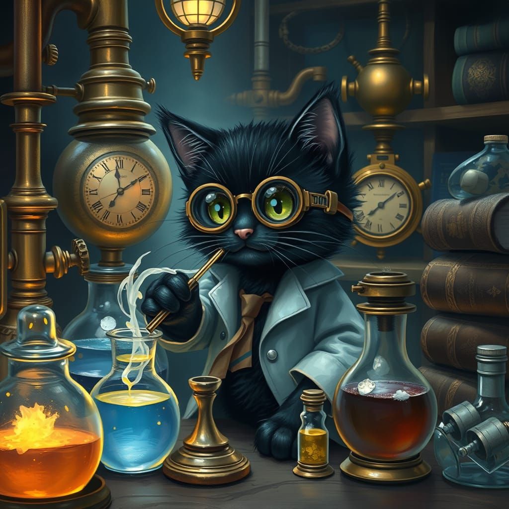 Steampunk Kitten Scientist in Detailed Matte Painting