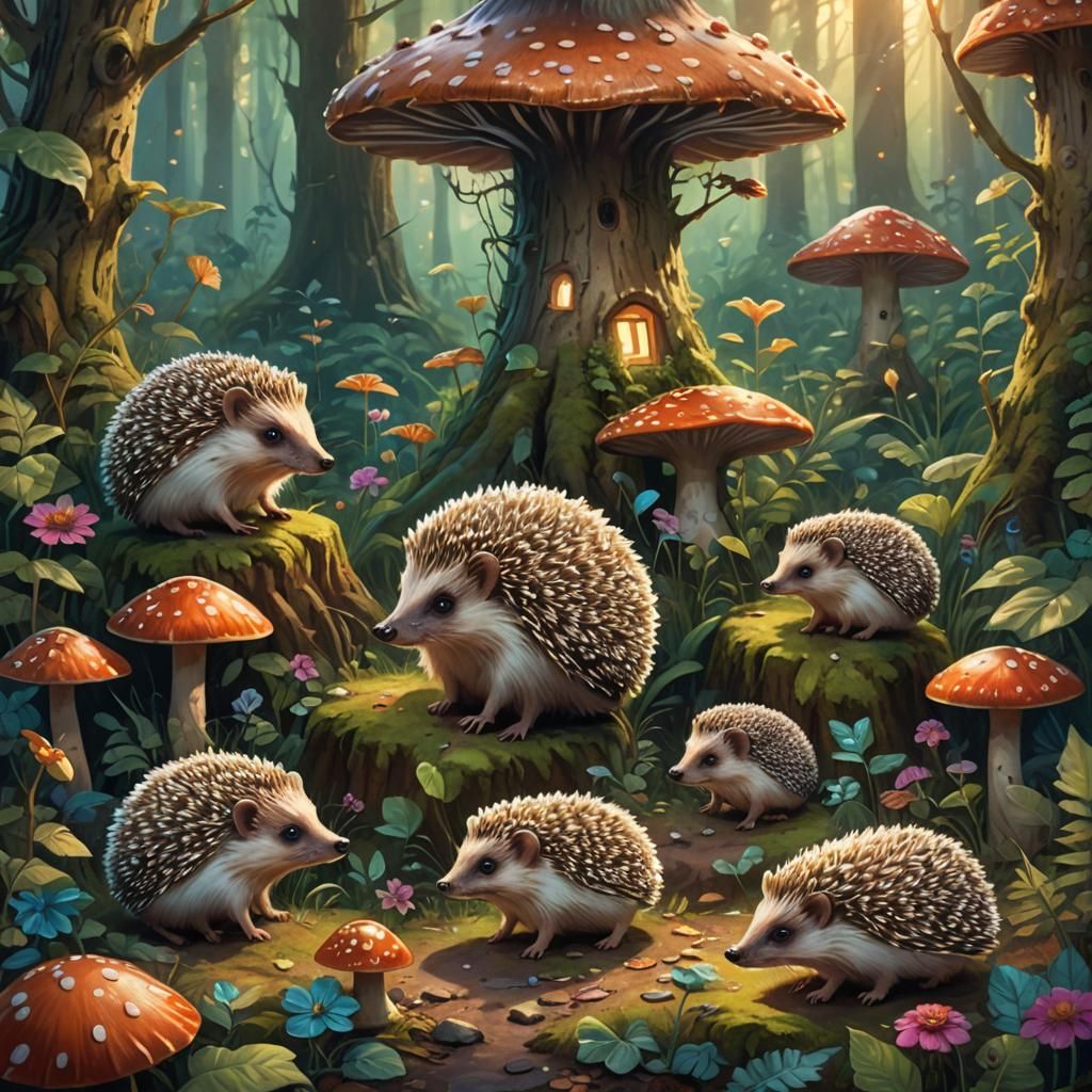 Hedgehog Family Gathered in Forest: Art Nouveau Oil Painting
