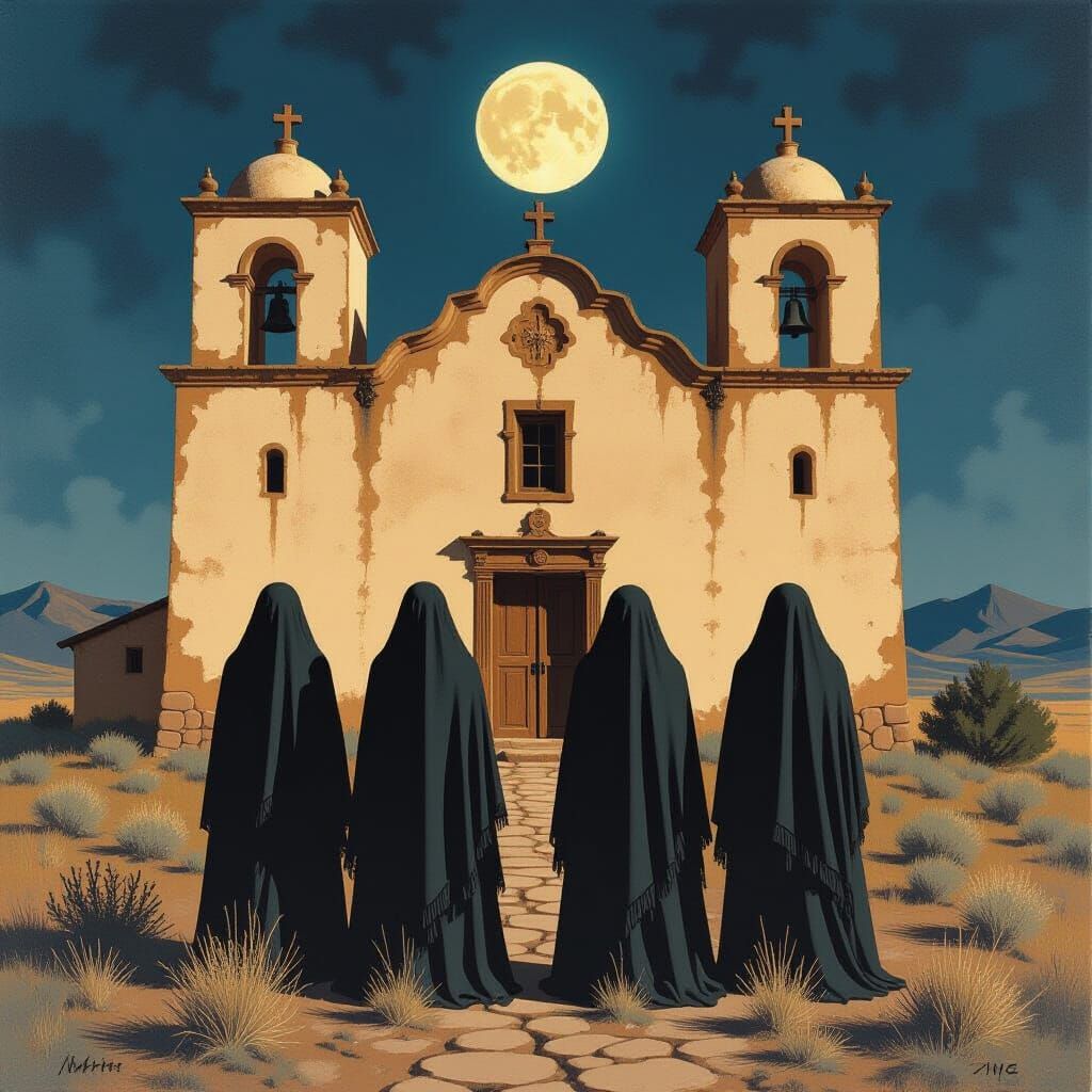 Eerie Ghosts Behind Adobe Church in Realist Style