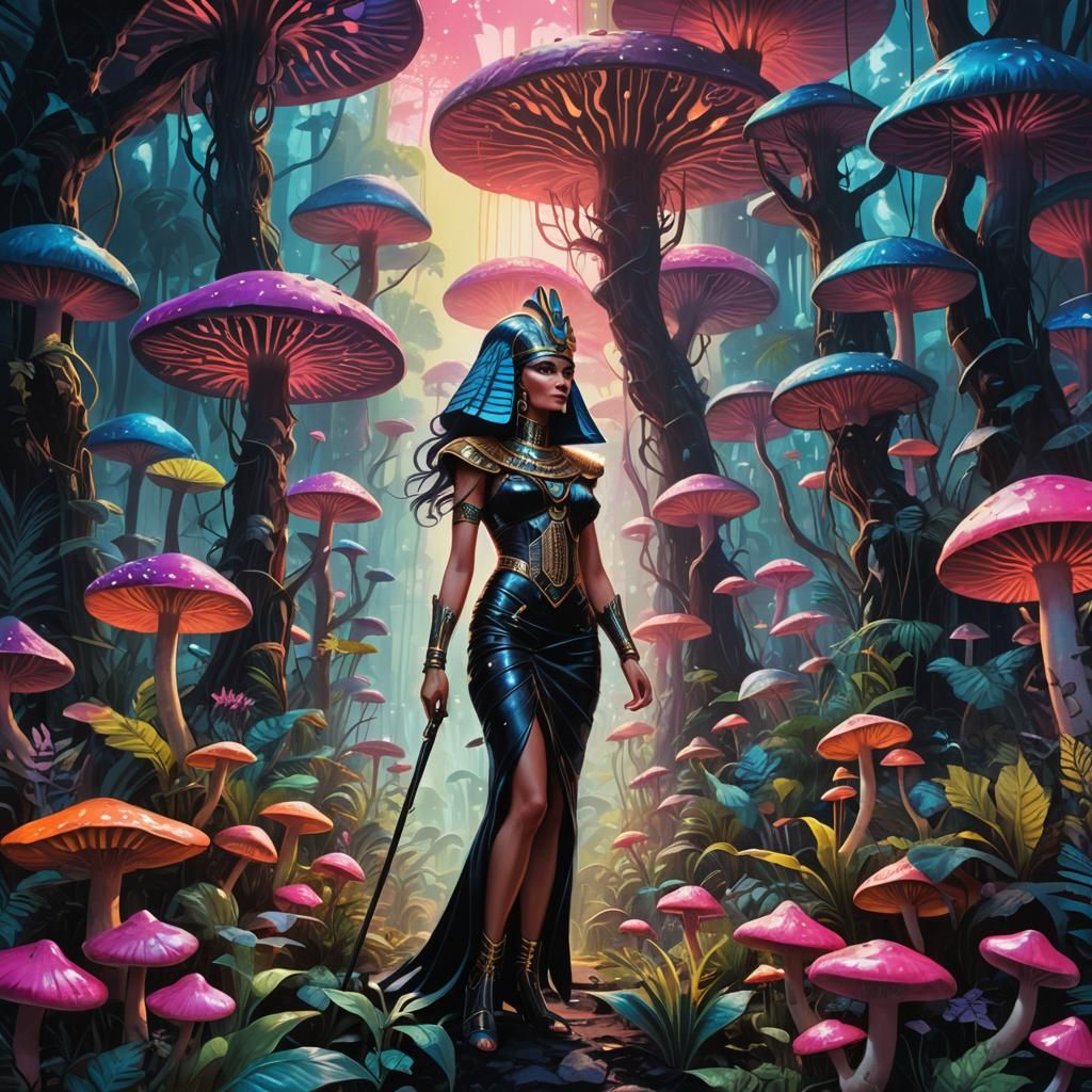 Egyptian Goddess Striding Through Psychedelic Jungle