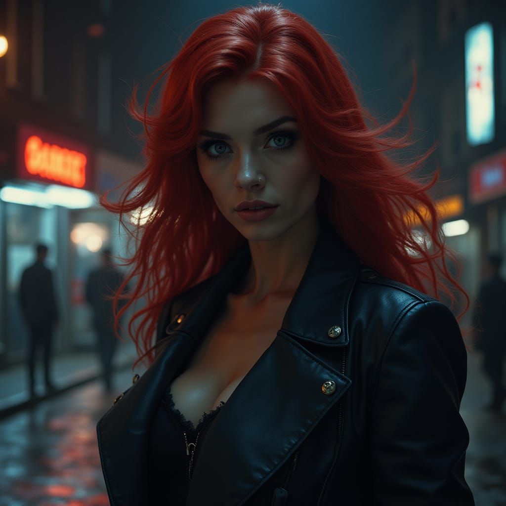 Red-Haired Detective in Rainy City, in Film Noir Style
