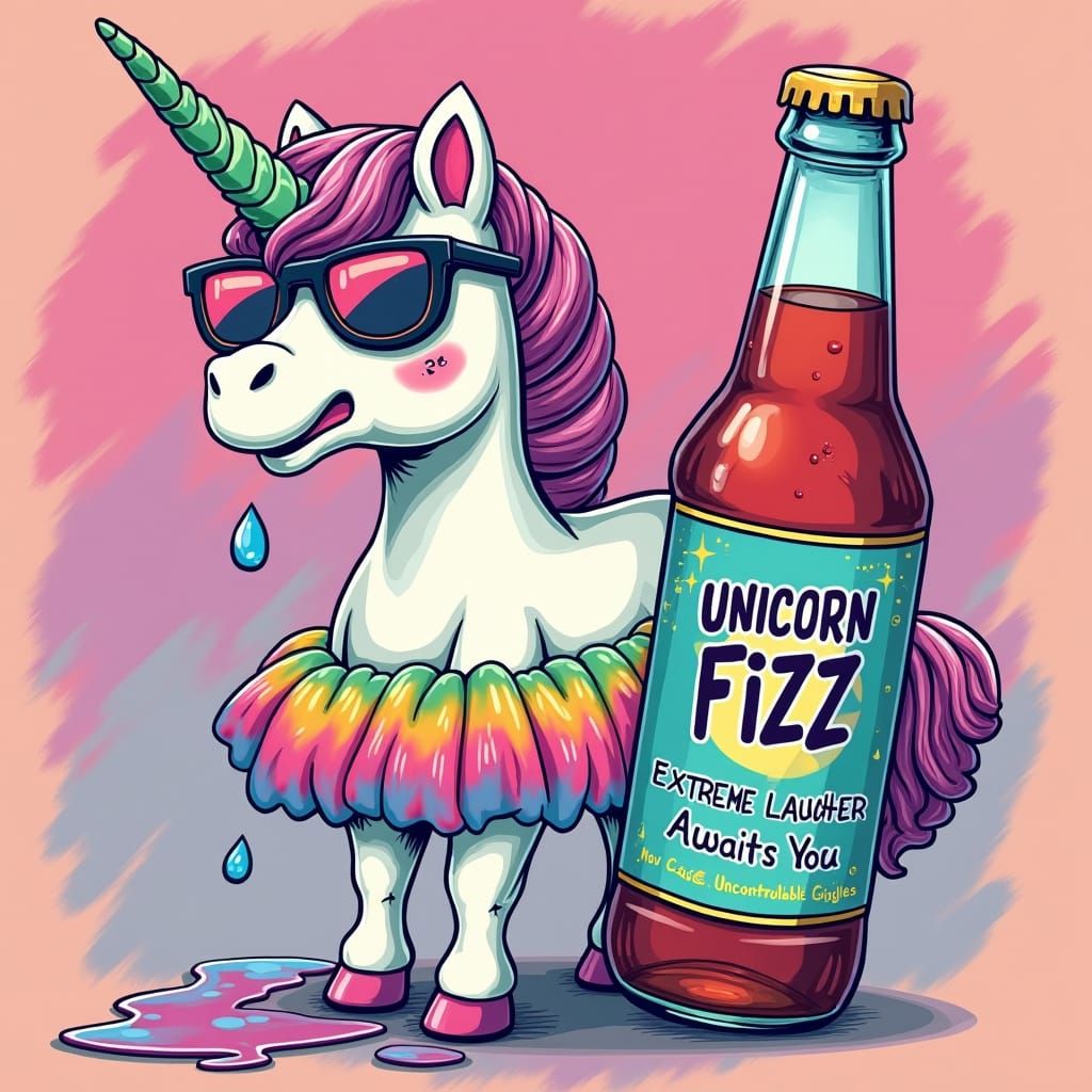 Whimsical Unicorn Cries into Soda Bottle