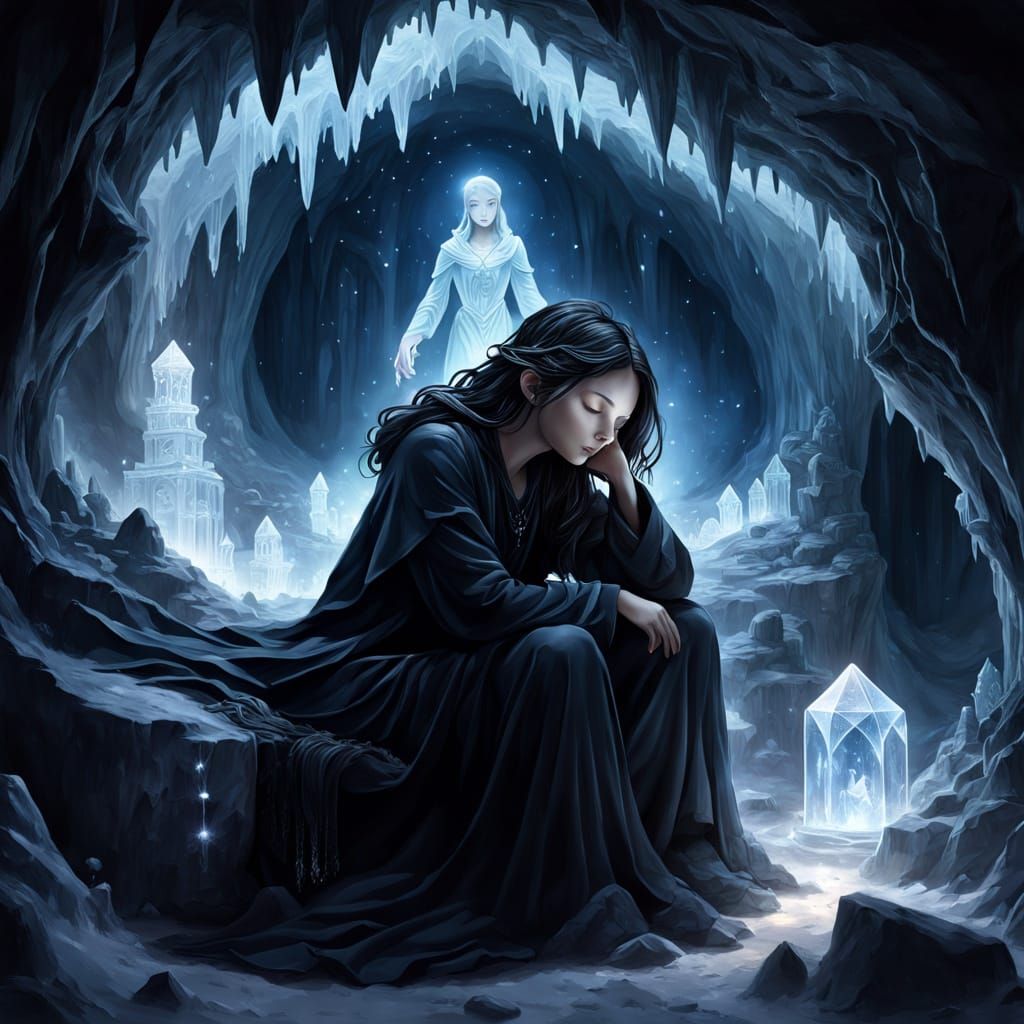Ethereal Statue Embraces Sleeping Woman in Crystal Cave