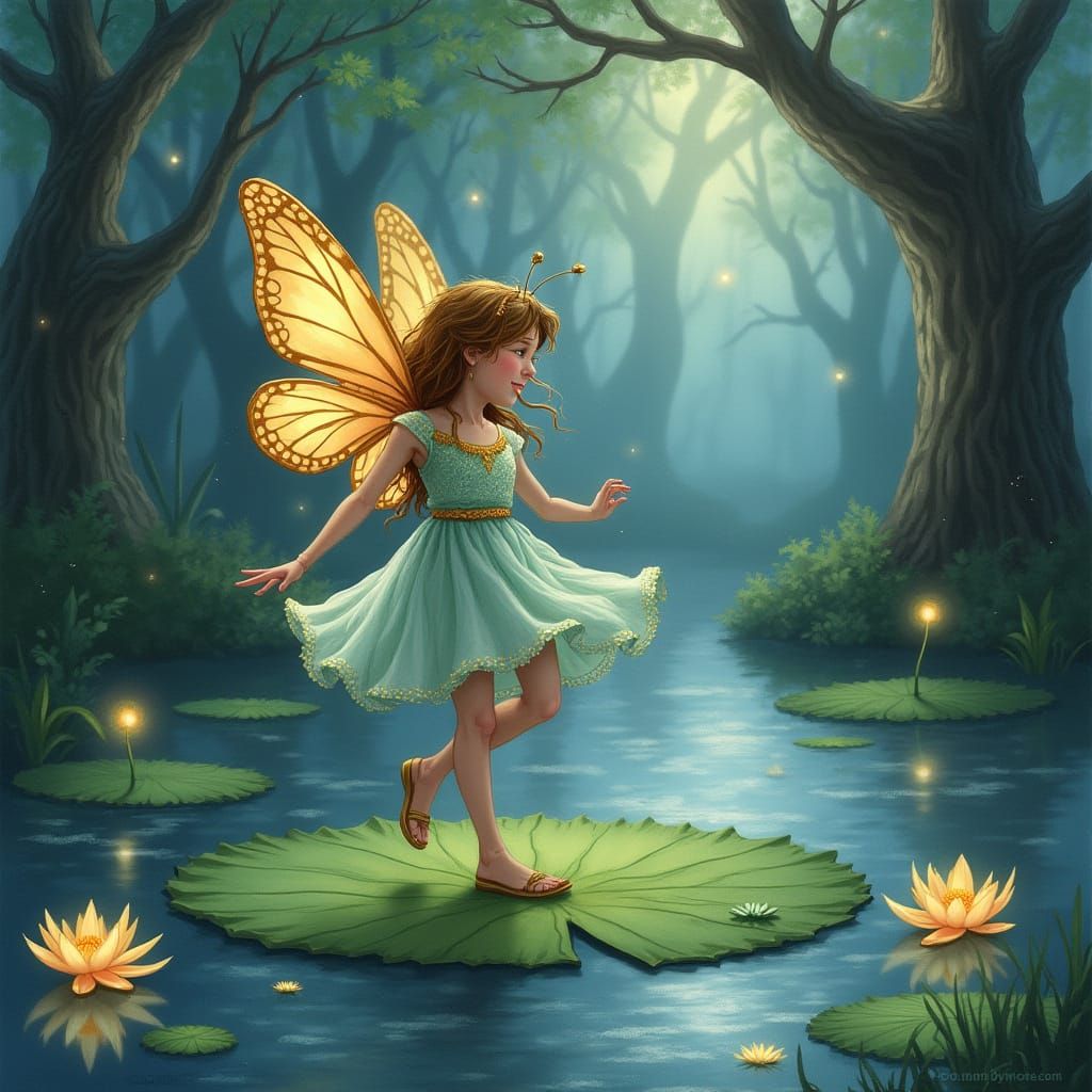 Mischievous Sprite Dances on Lily Pad in Pond