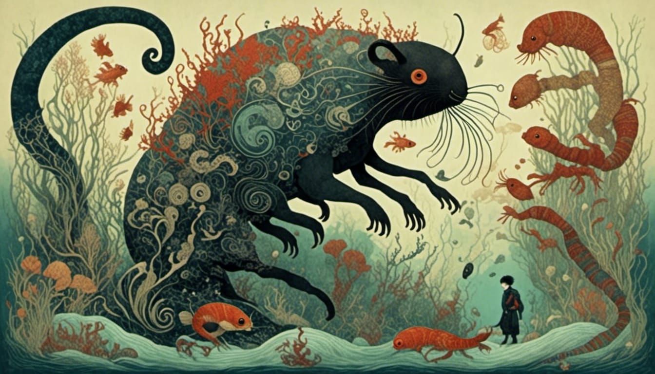 Biopunk Horror Figure Surrounded by Unnatural Creatures