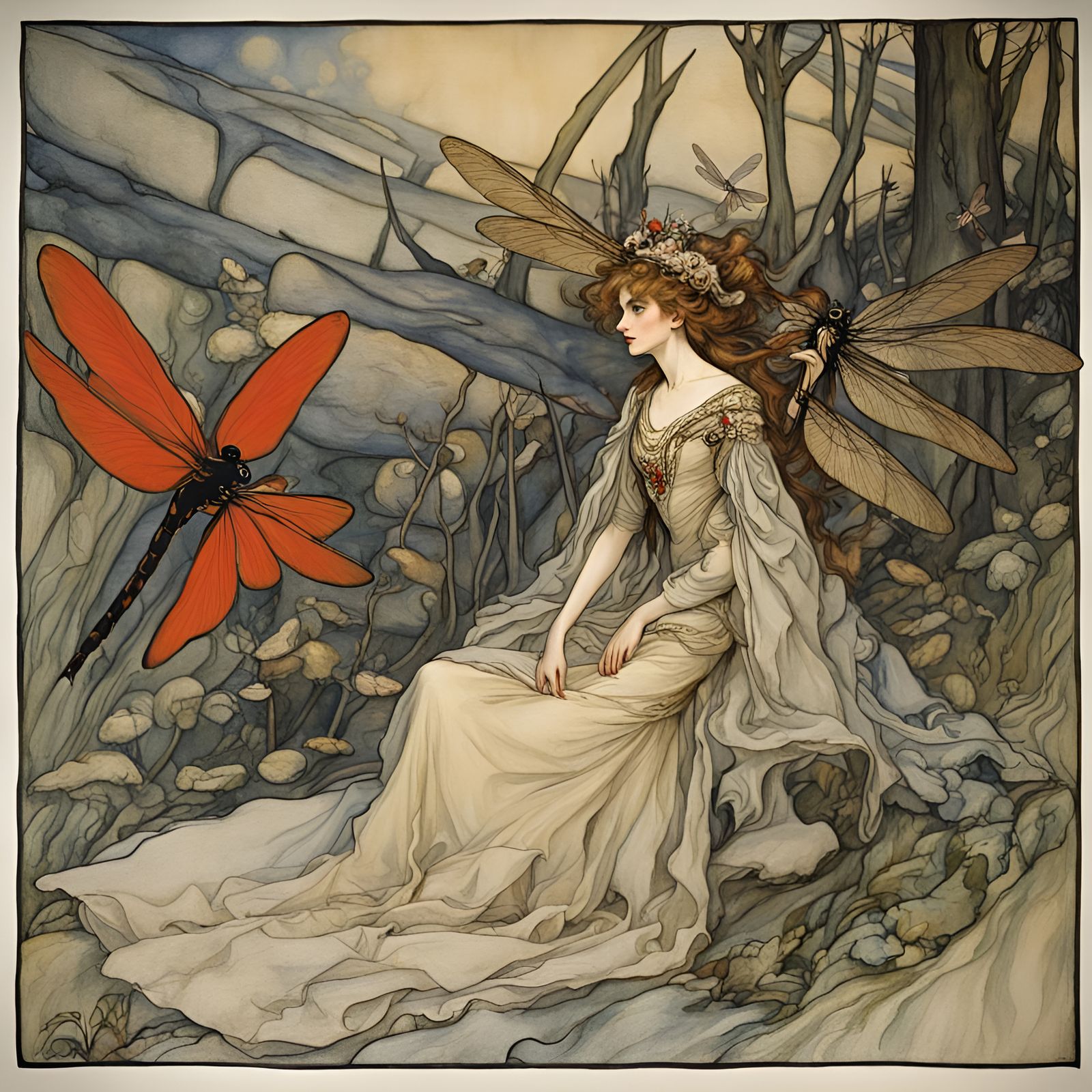 Arthur Rackham, beautiful queen, dragonflies banner, fantast...