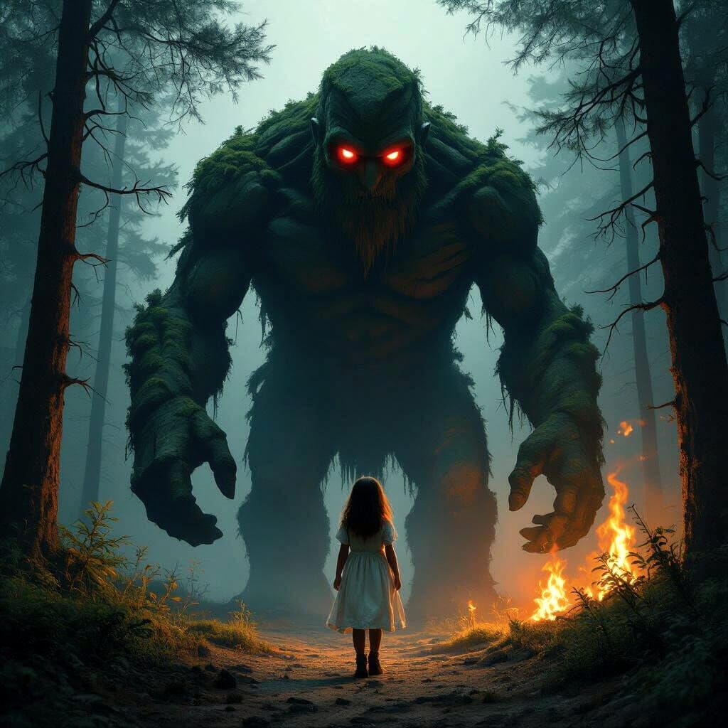 Golem Walks From Burning Village With Child