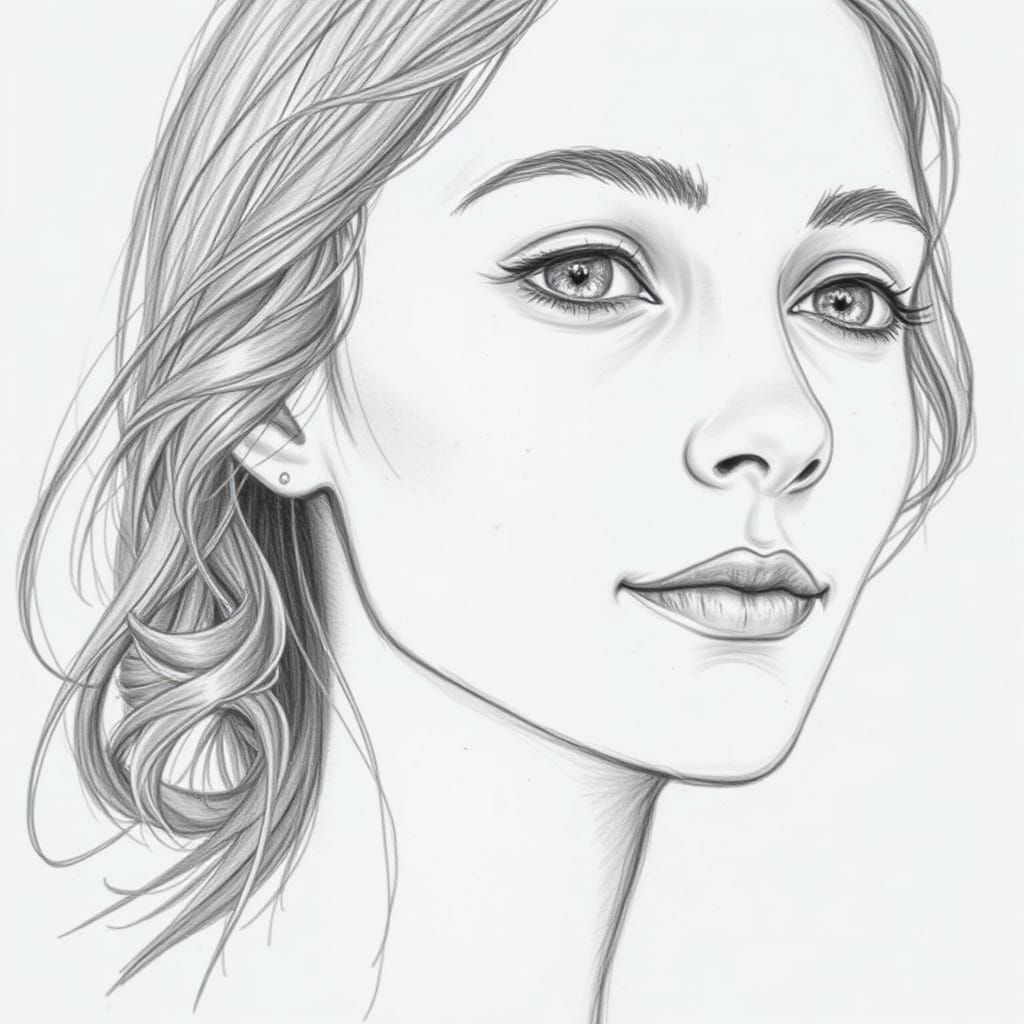 Delicate Portrait of a Woman with a Faint Smile in Pencil Sk...