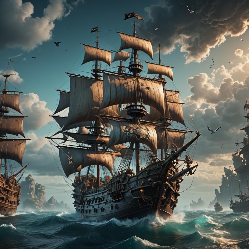 Ghost Pirate Ship on the Sea in Detailed Matte Painting