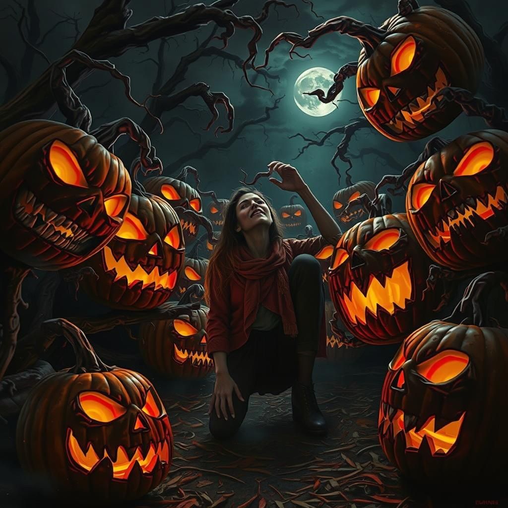 Terrified Woman in Pumpkin Patch: A Gothic Horror
