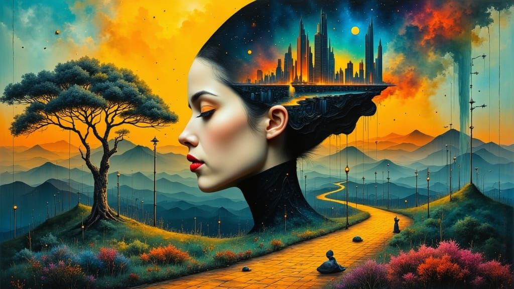 Surreal Conceptual Art: Woman's Head Opens to Cityscape