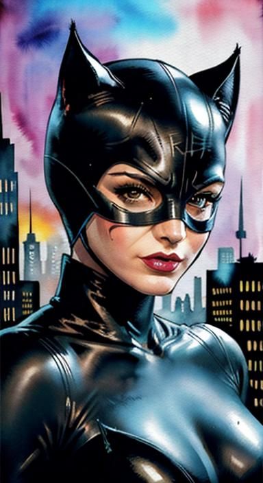 Catwoman Action Shot in Watercolor Comic Style